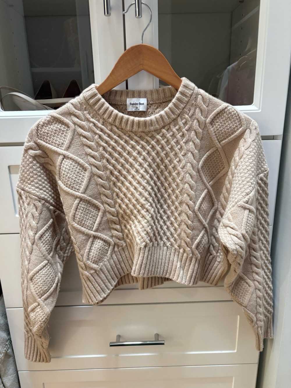 Aritzia Beige Cable-Knit Cropped Crewneck Sweater